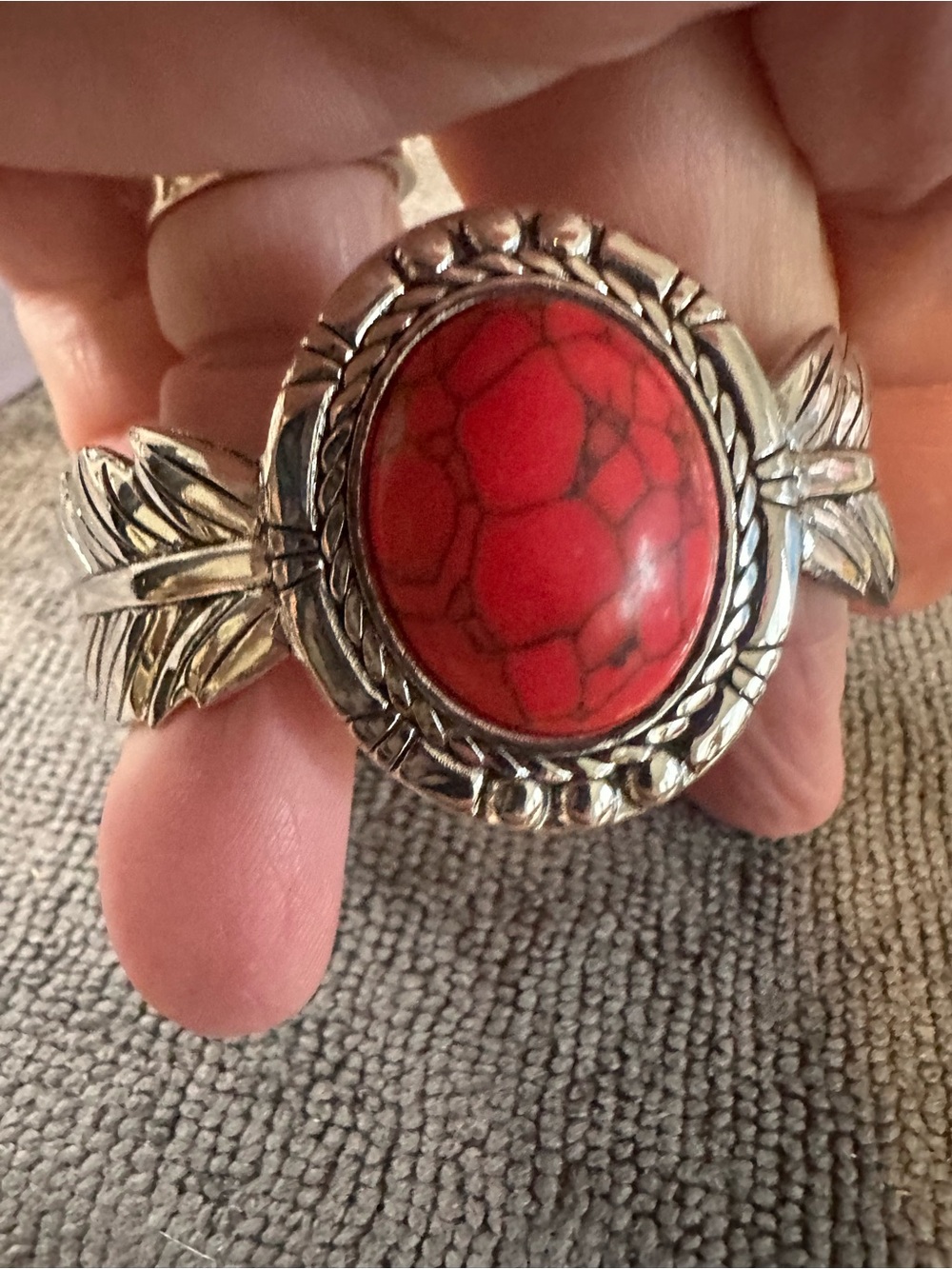 feathers Silver-Tone Cuff Bracelet with Red Oval Stone